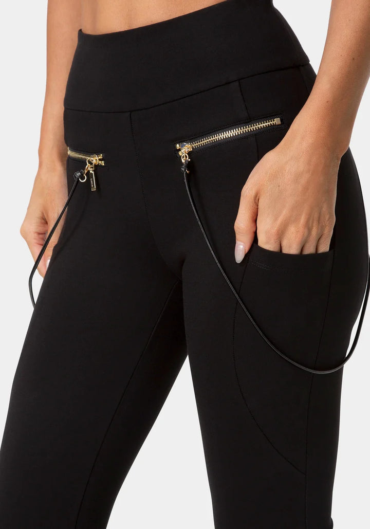 Natural Waist Zipper Chain Detail Legging - Black