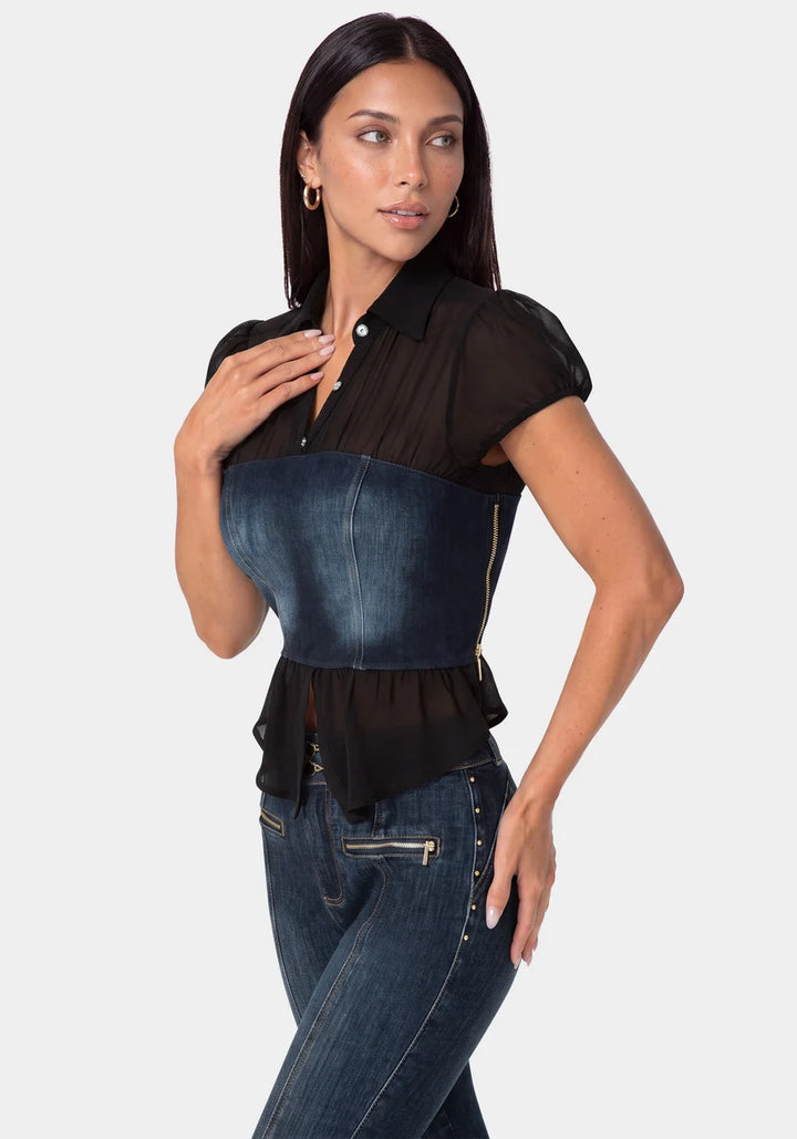 Fitted Denim Bustier Top - Black/Indigo