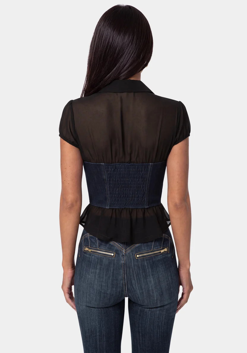 Fitted Denim Bustier Top - Black/Indigo