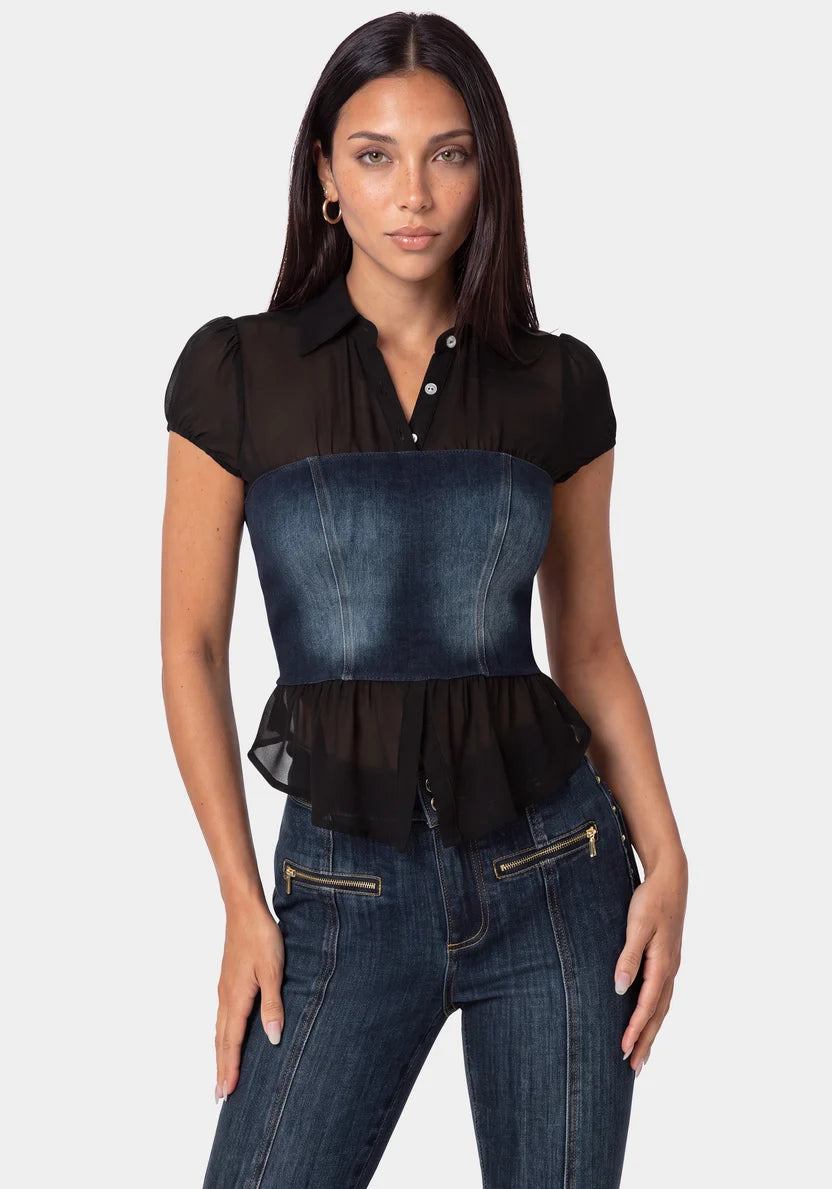 Fitted Denim Bustier Top - Black/Indigo