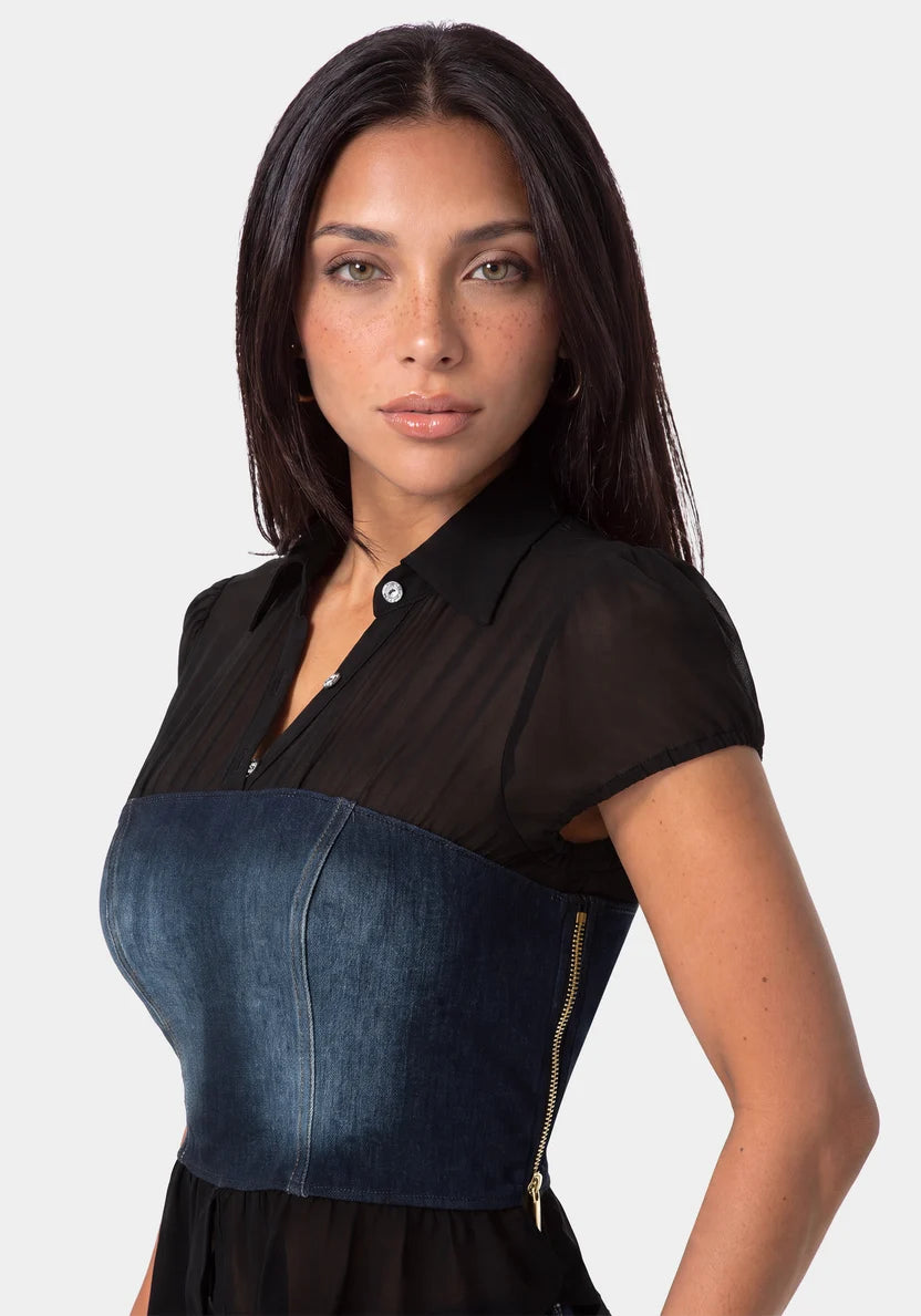 Fitted Denim Bustier Top - Black/Indigo