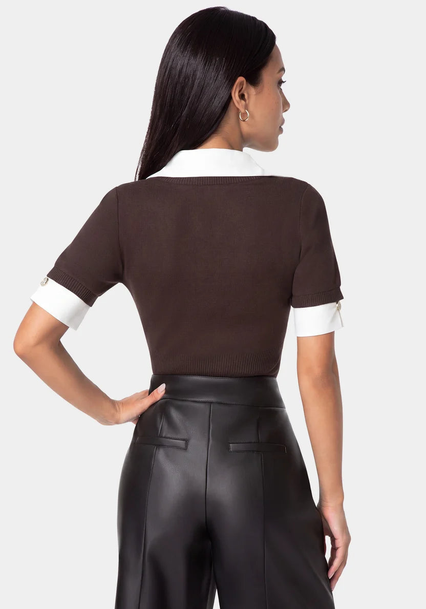 Shirt Sweater Top - Chocolate/White