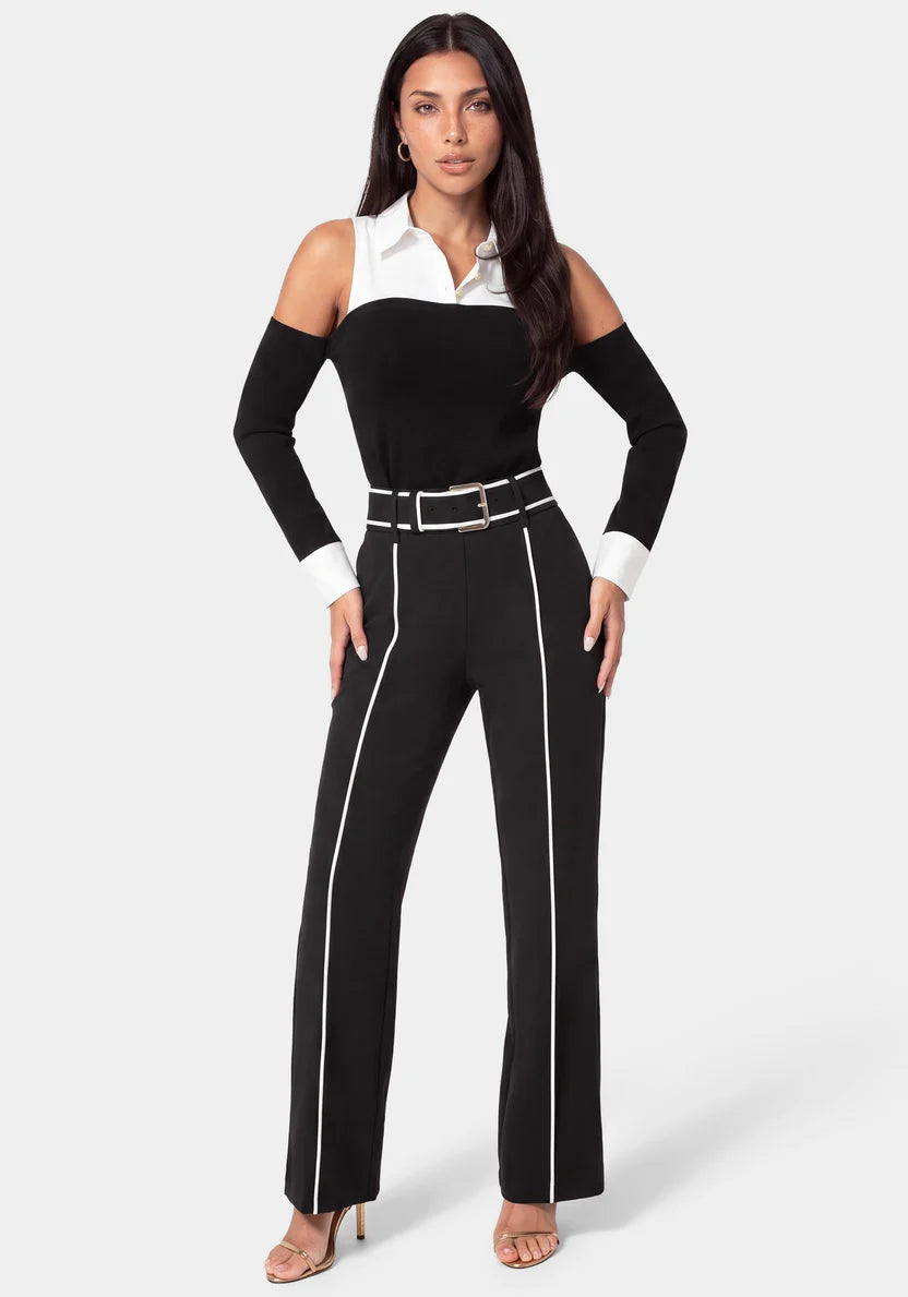 Tailored High Waist Straight Leg Pants - Black