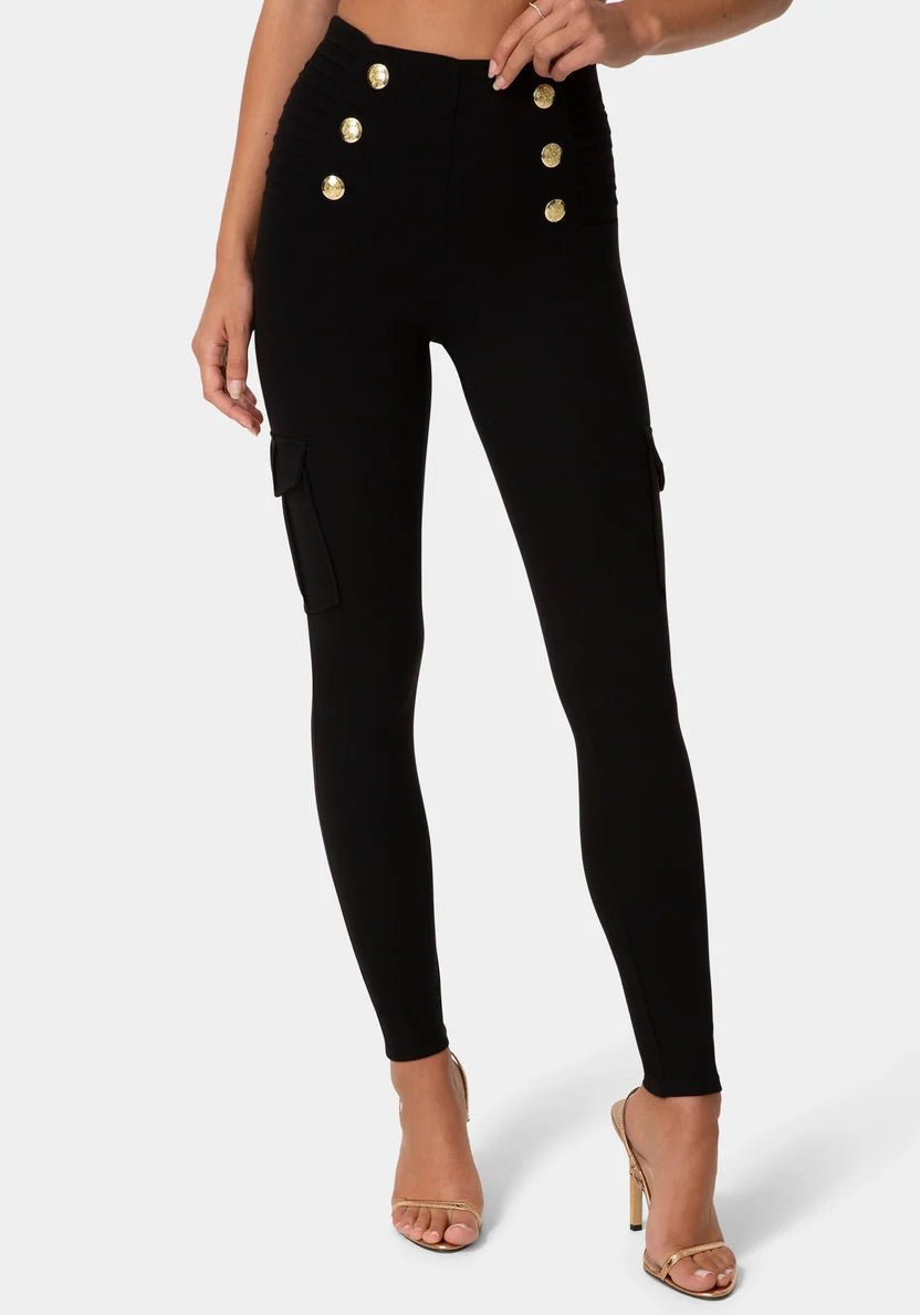 High Waist Gold Button Leggings - Black