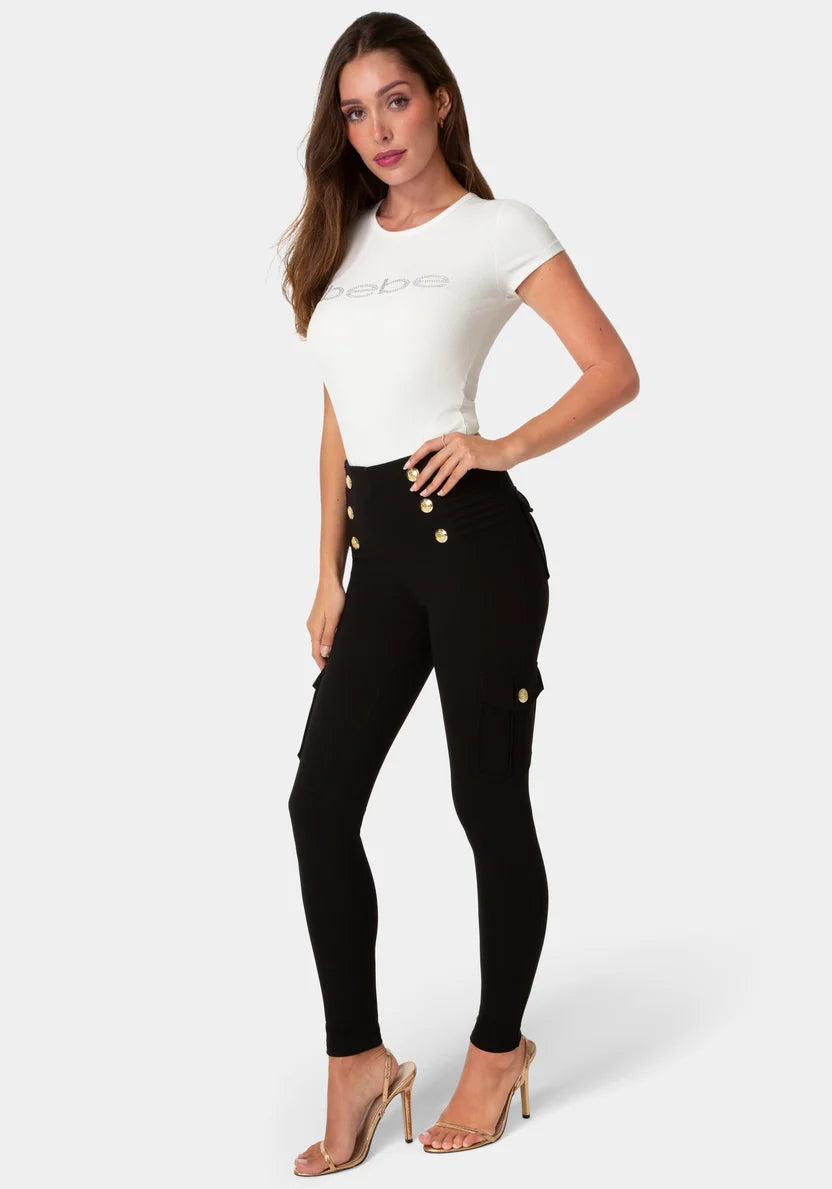 High Waist Gold Button Leggings - Black