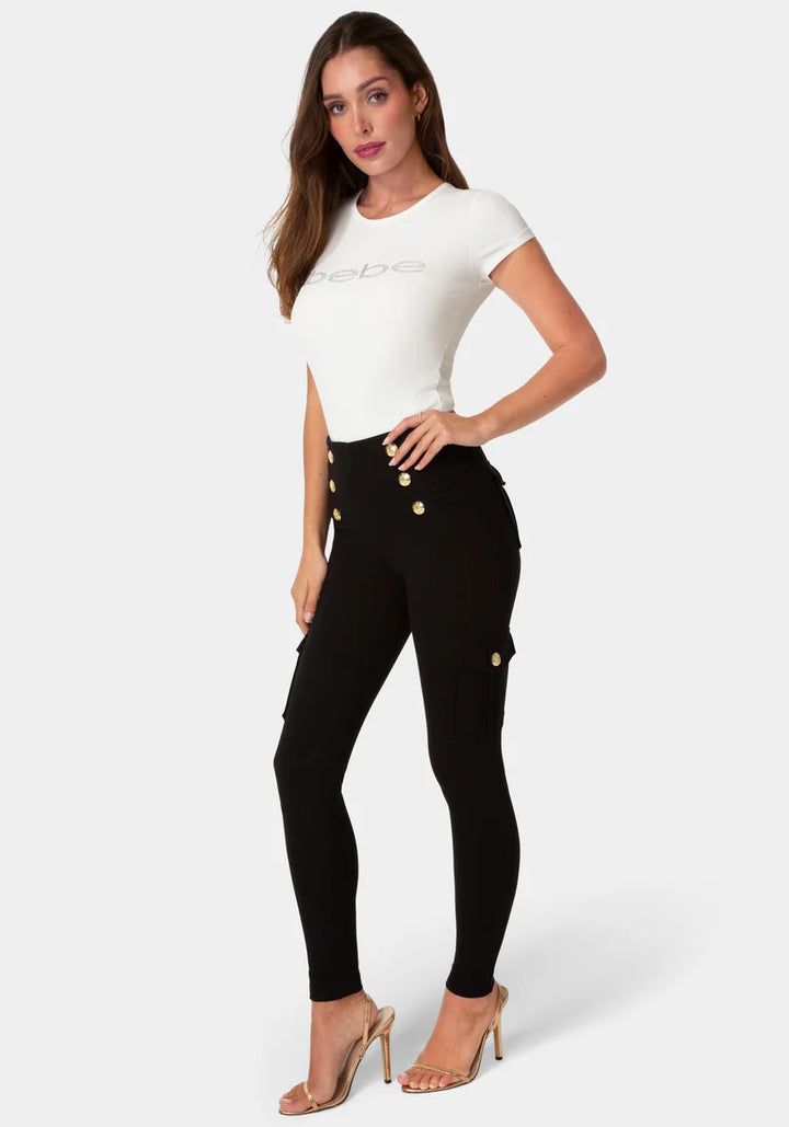 High Waist Gold Button Leggings - Black