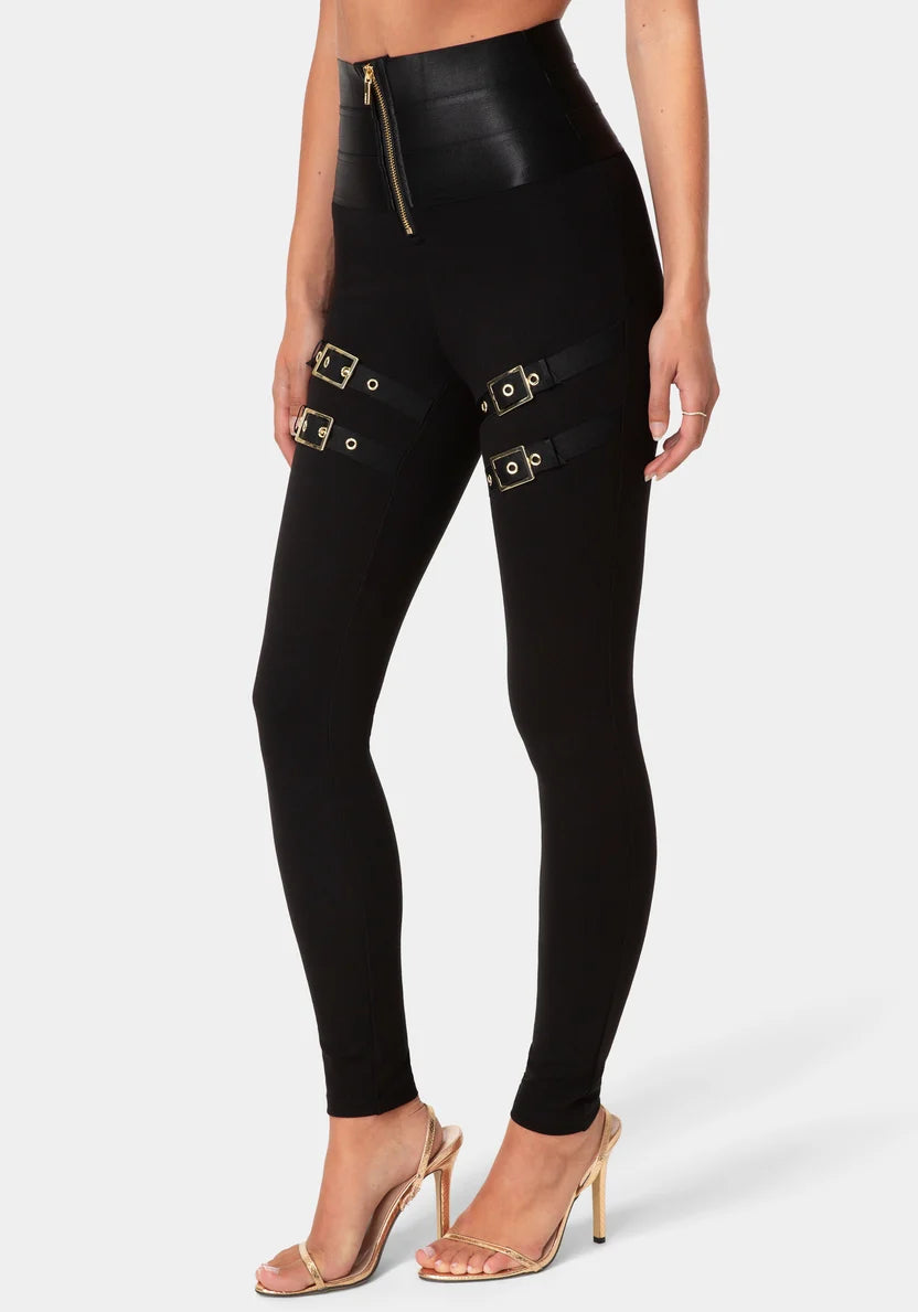 High Waist Gold Buckle Leggings - Black