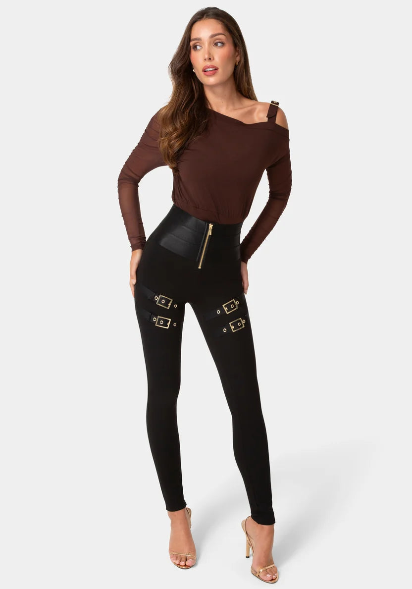 High Waist Gold Buckle Leggings - Black