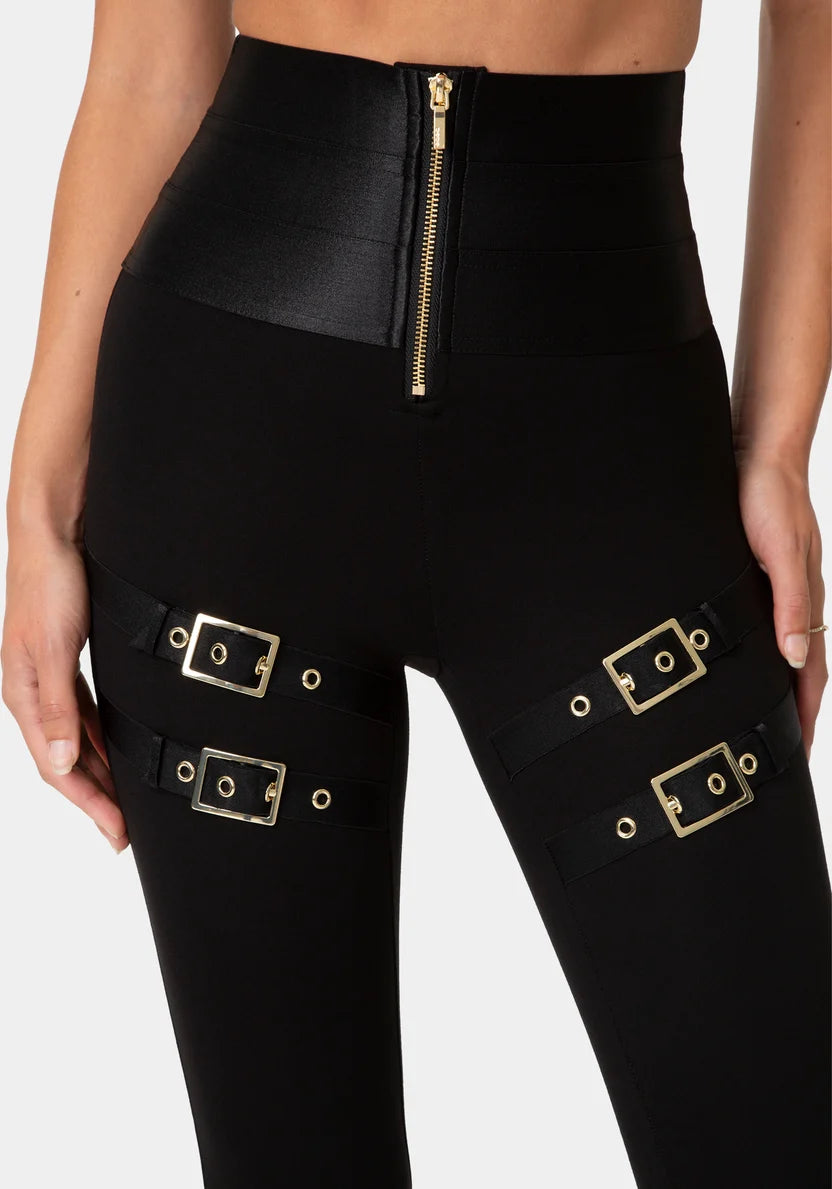 High Waist Gold Buckle Leggings - Black