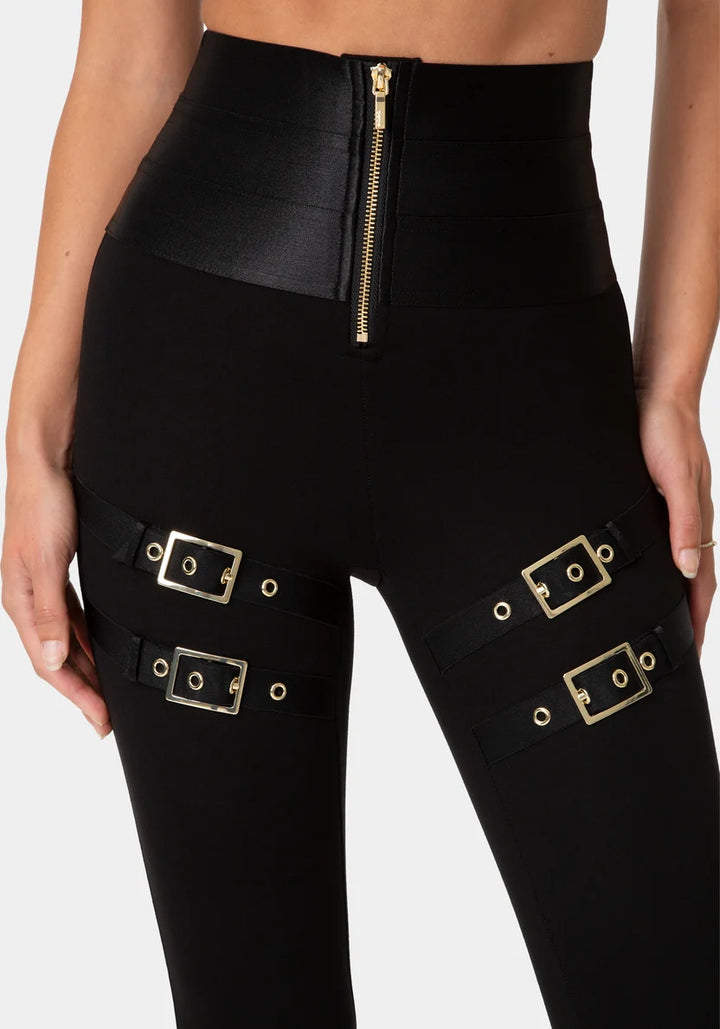 High Waist Gold Buckle Leggings - Black