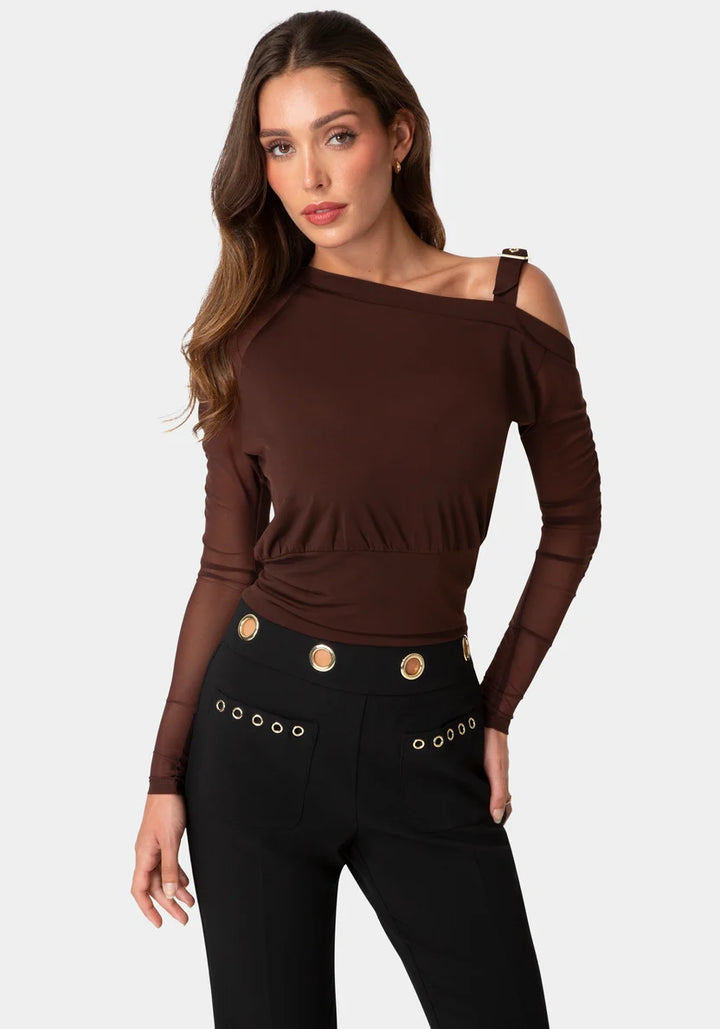 Asymmetrical Long Sleeves Knit Top - Chocolate Martini