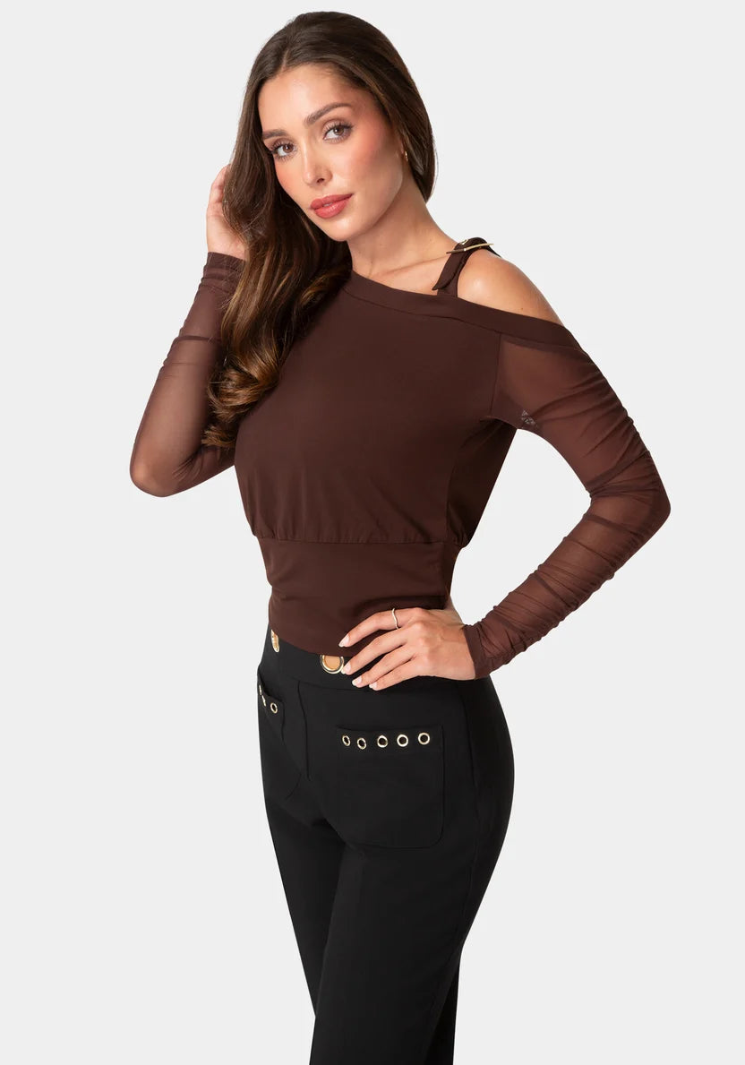 Asymmetrical Long Sleeves Knit Top - Chocolate Martini