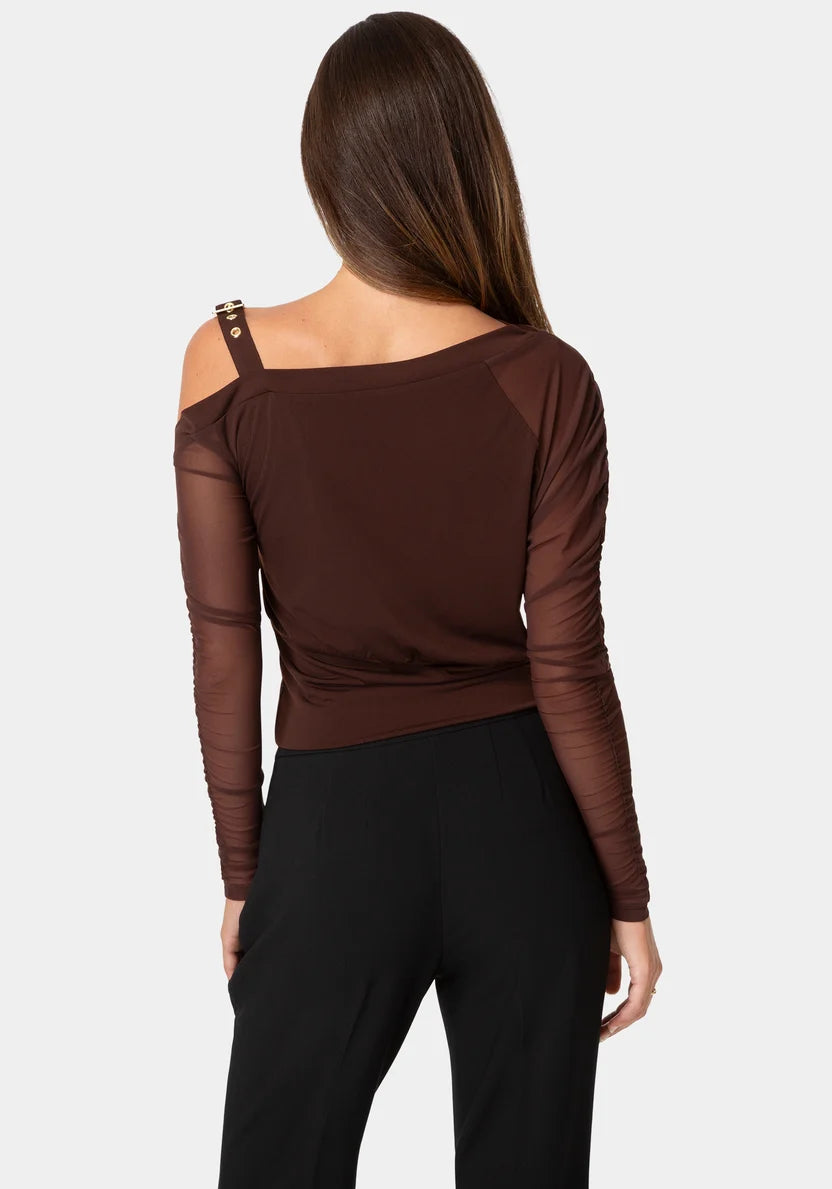 Asymmetrical Long Sleeves Knit Top - Chocolate Martini