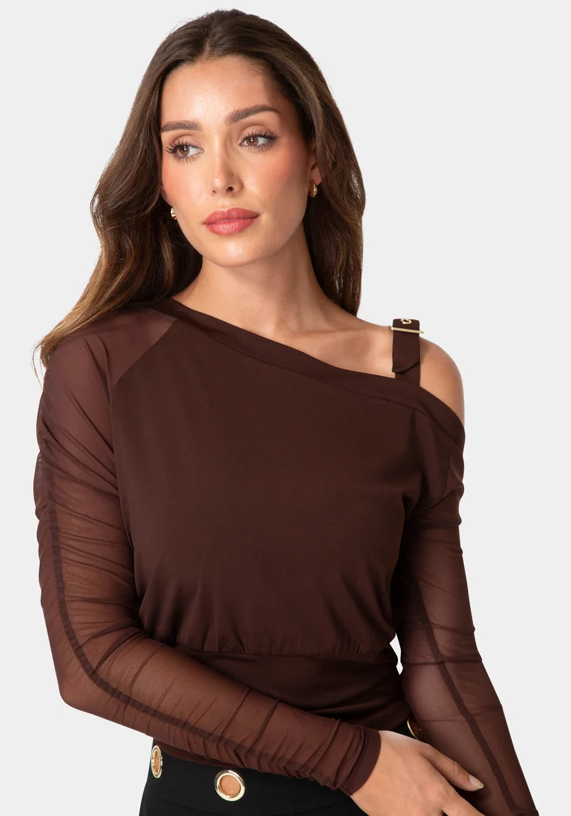 Asymmetrical Long Sleeves Knit Top - Chocolate Martini