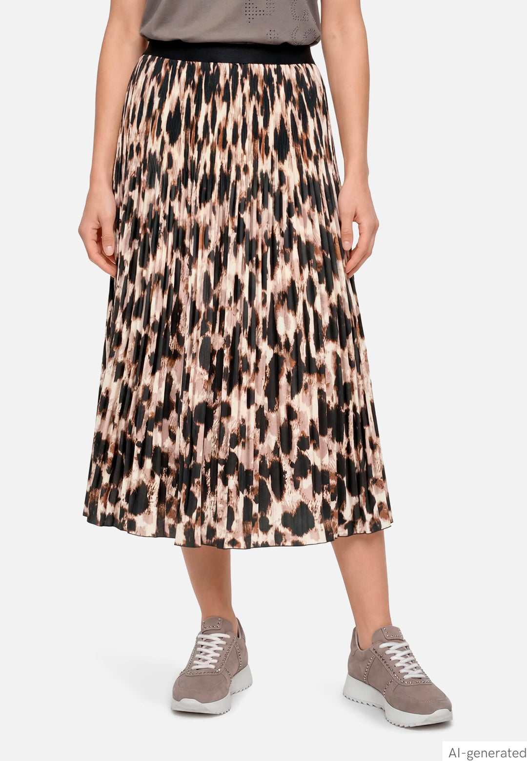 Pleated Midi Skirt with Leopard Print