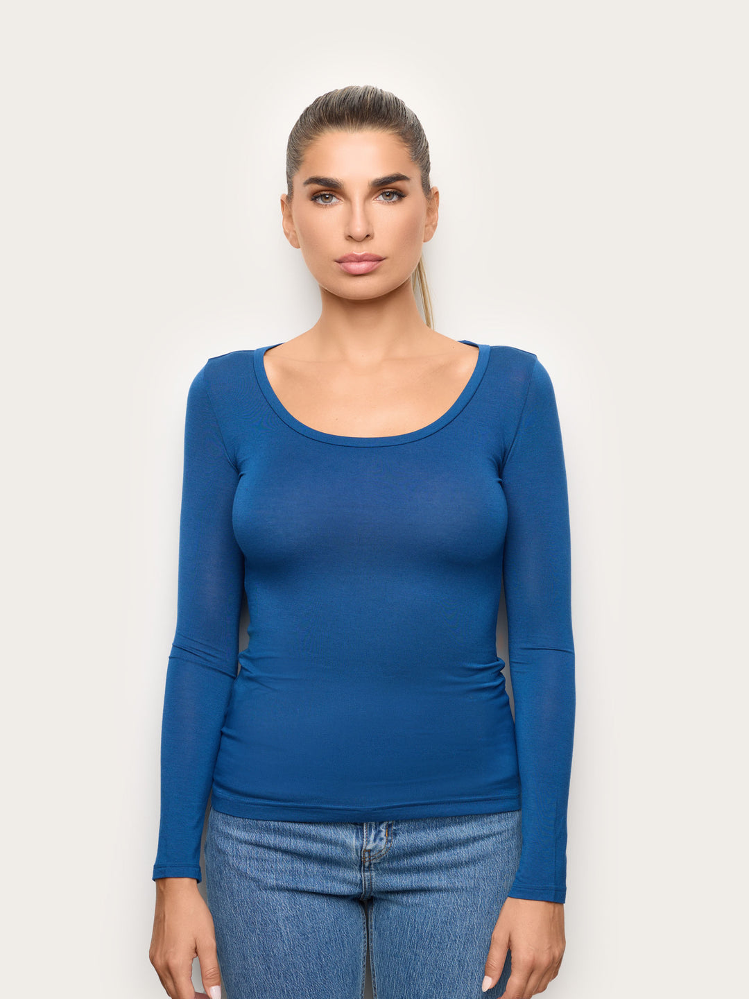 Long-Sleeve Decolte Neck T-Shirt - Dark Blue