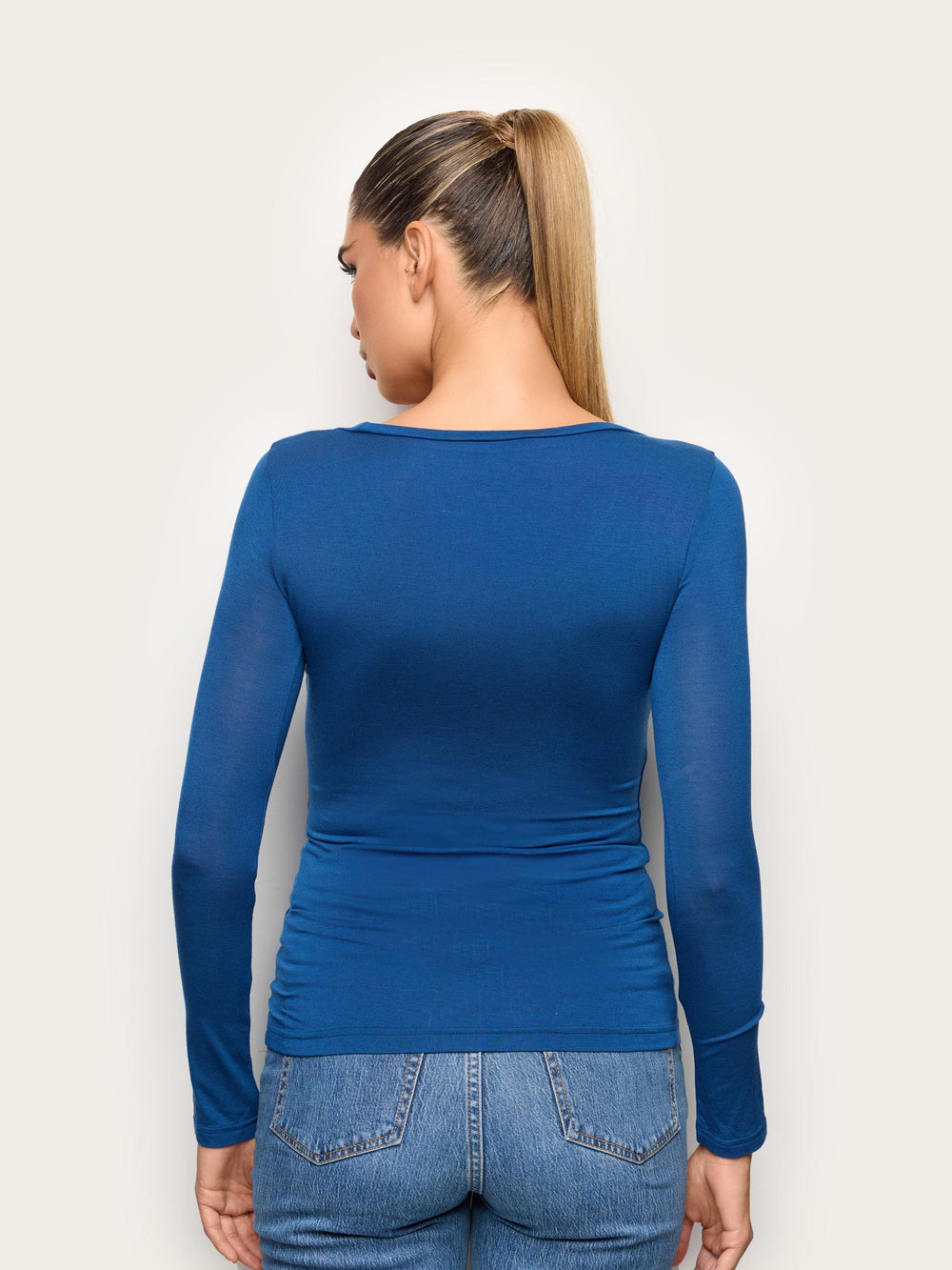 Long-Sleeve Decolte Neck T-Shirt - Dark Blue
