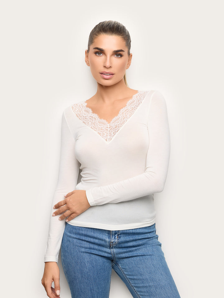 Long-Sleeve V Neck T-Shirt - Cream