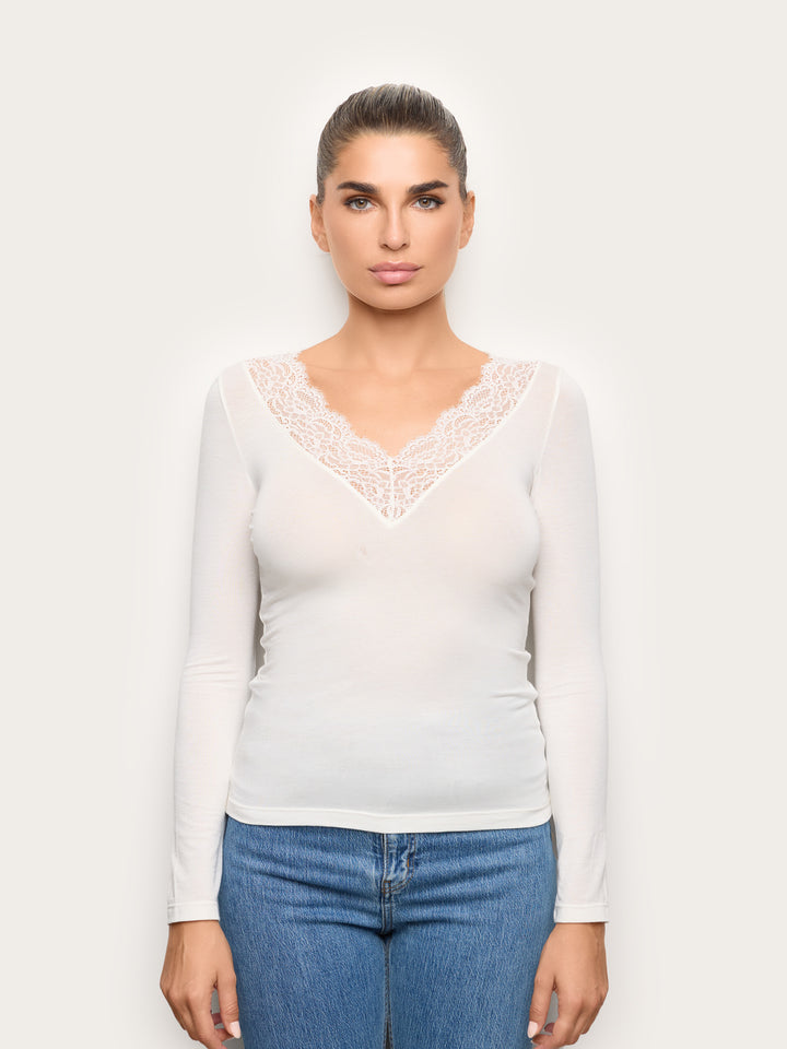 Long-Sleeve V Neck T-Shirt - Cream