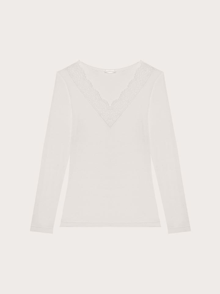 Long-Sleeve V Neck T-Shirt - Cream