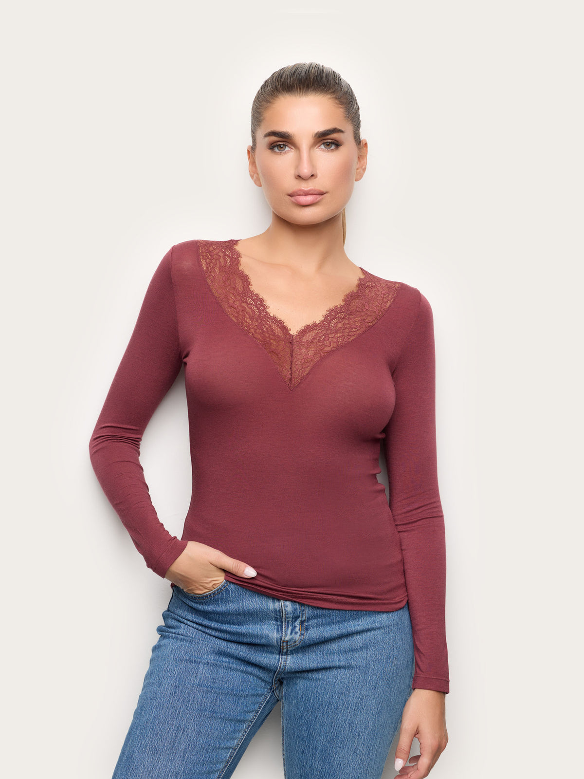Long-Sleeve V Neck T-Shirt - Brick Red