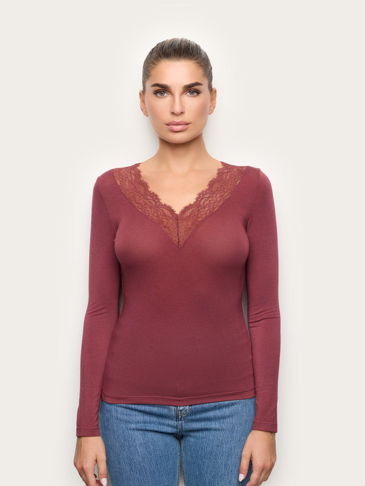 Long-Sleeve V Neck T-Shirt - Brick Red