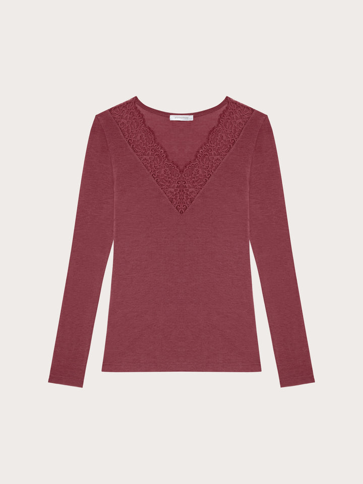 Long-Sleeve V Neck T-Shirt - Brick Red