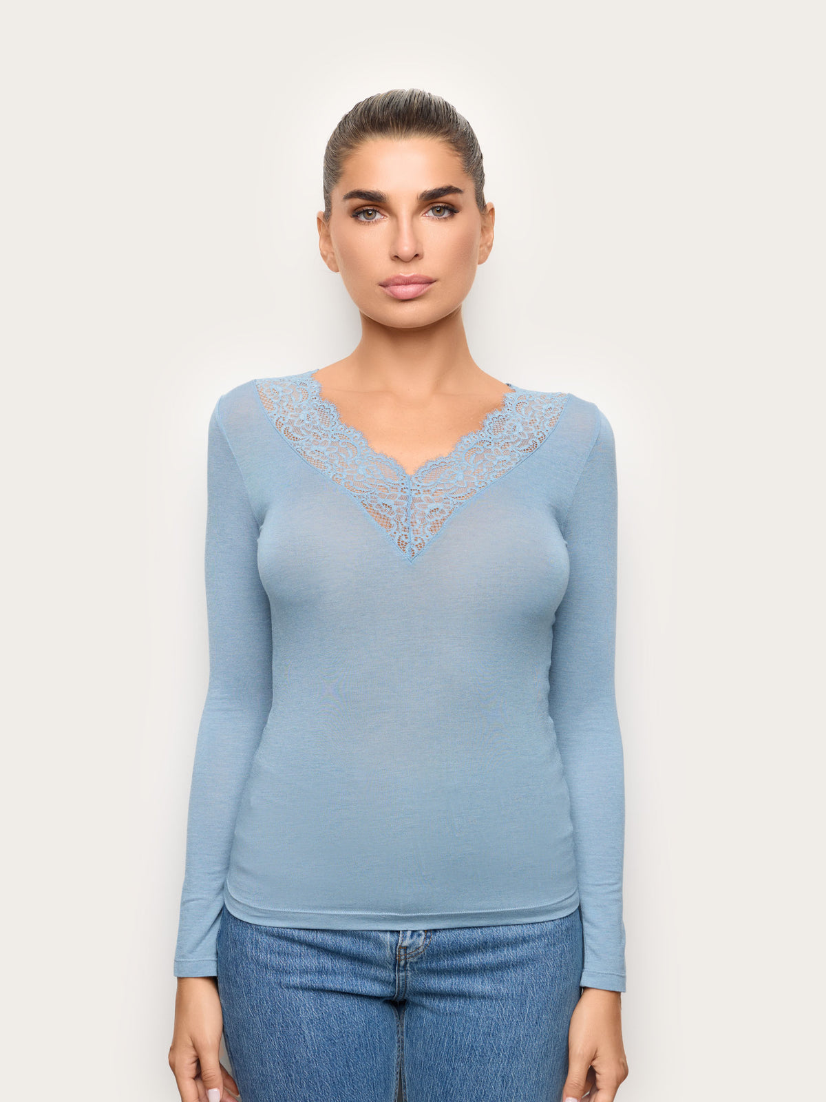 Long-Sleeve V Neck T-Shirt - Powder Blue