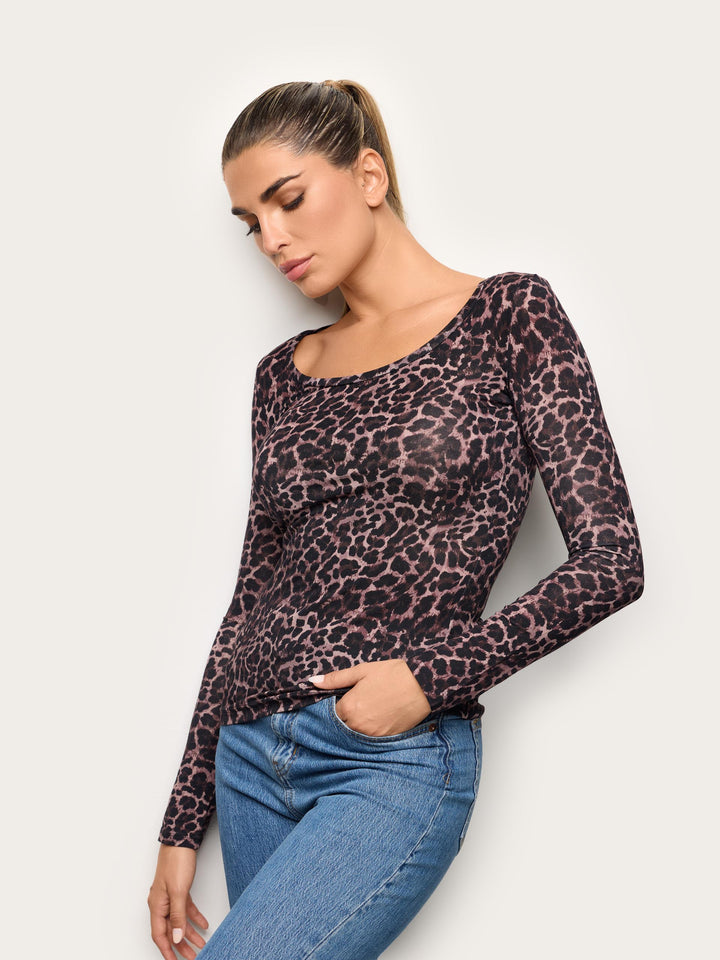 Long-Sleeve Decolte Neck T-Shirt - Animalier
