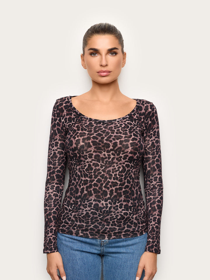 Long-Sleeve Decolte Neck T-Shirt - Animalier