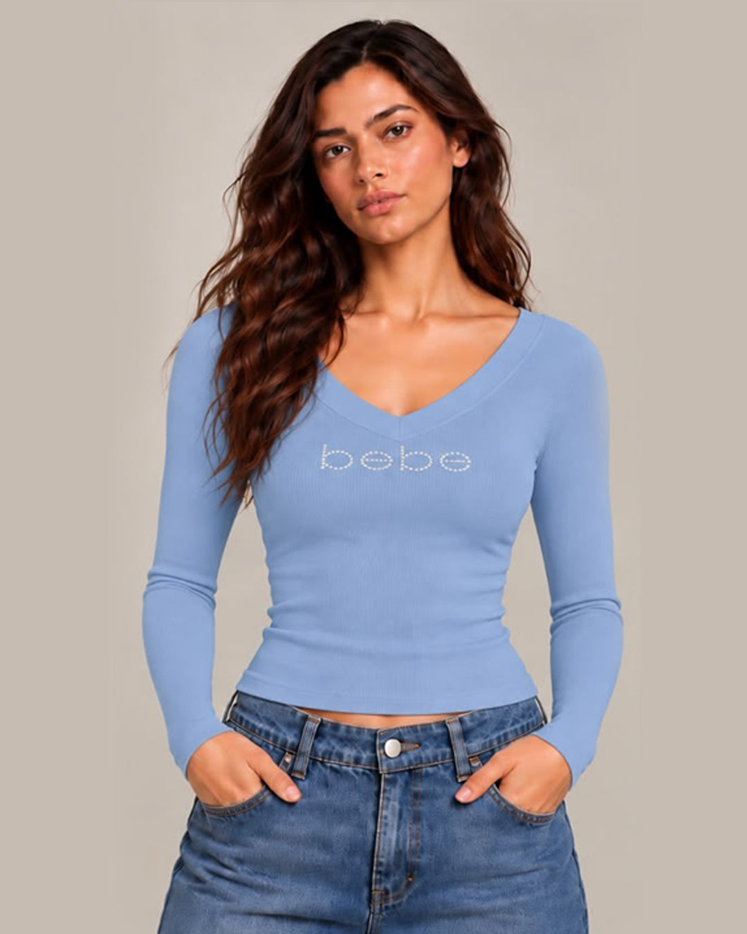 Long Sleeve Bebe Logo Tee - Blue