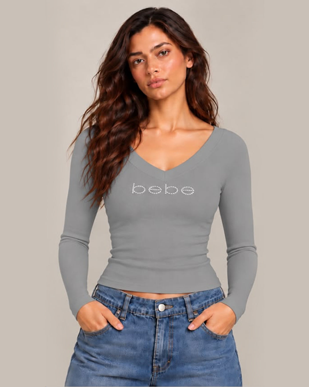 Long Sleeve Bebe Logo Tee - Grey