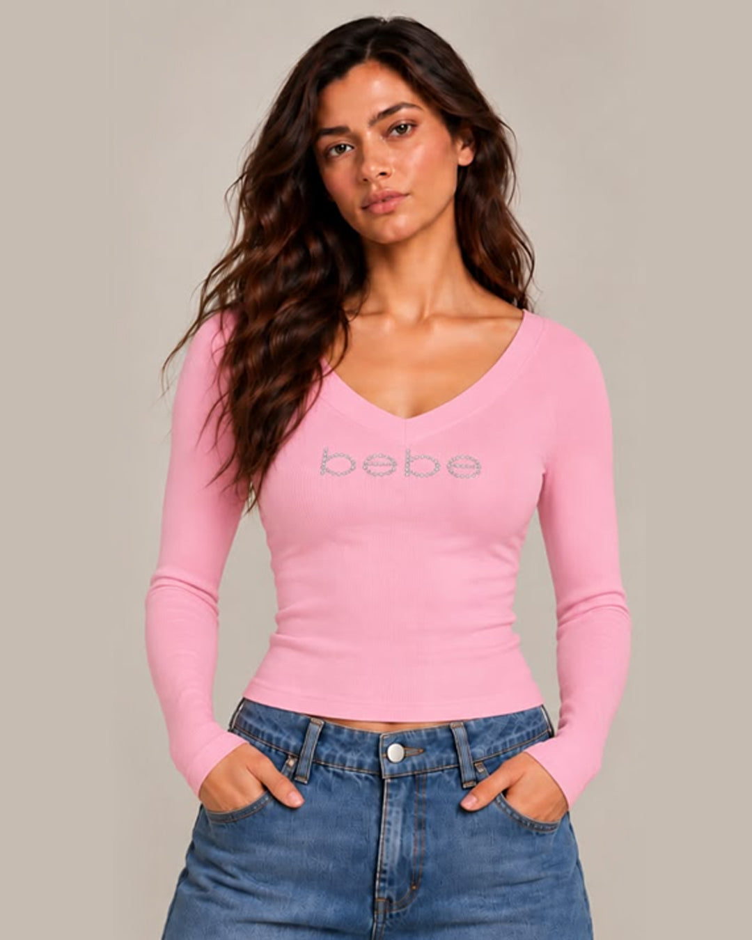 Long Sleeve Bebe Logo Tee - Pink