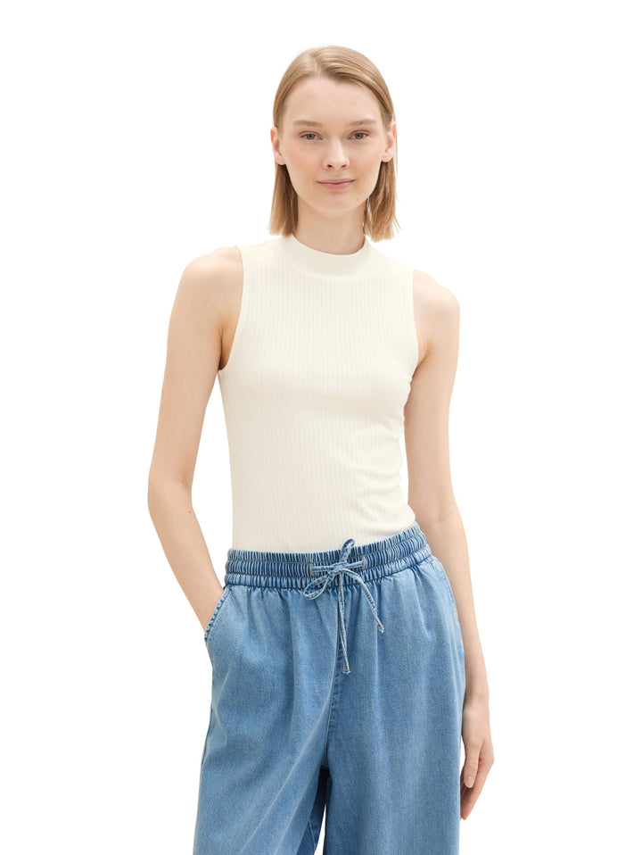 Rib Top With Stand Up Collar - White