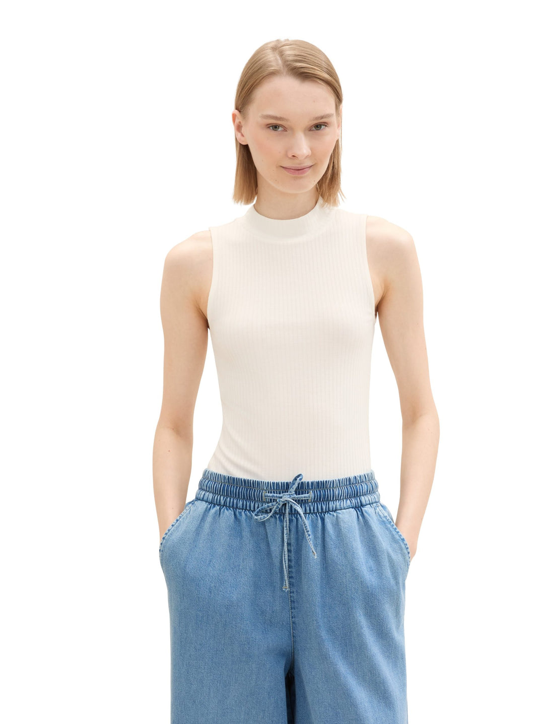 Rib Top With Stand Up Collar - White
