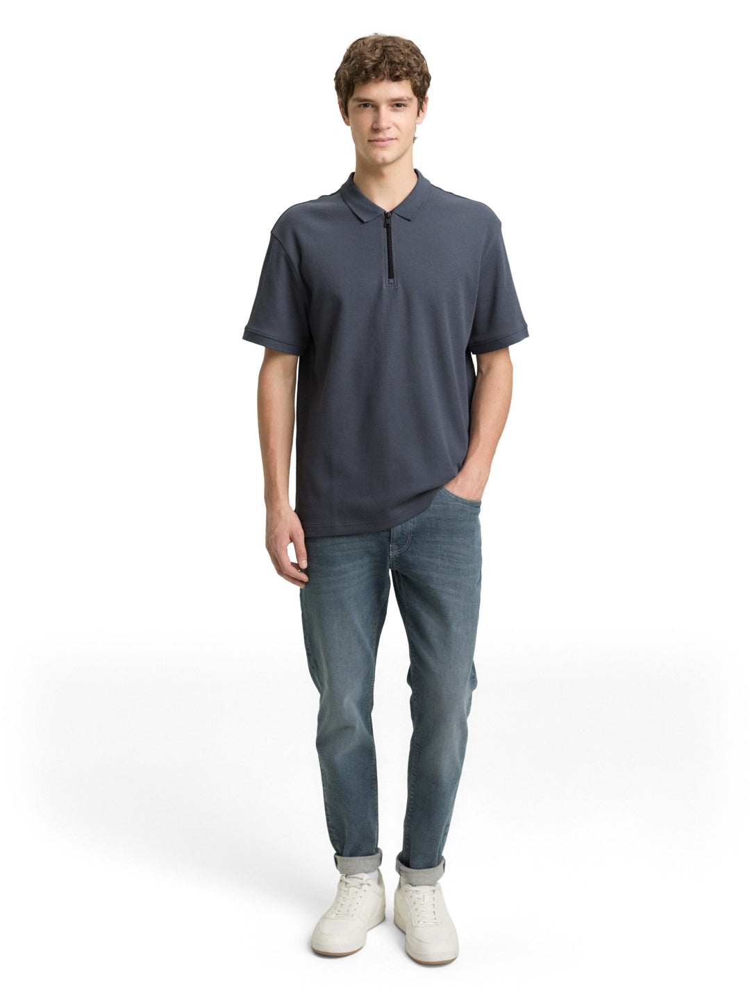 Relaxed fit polo shirt with zip - Grey