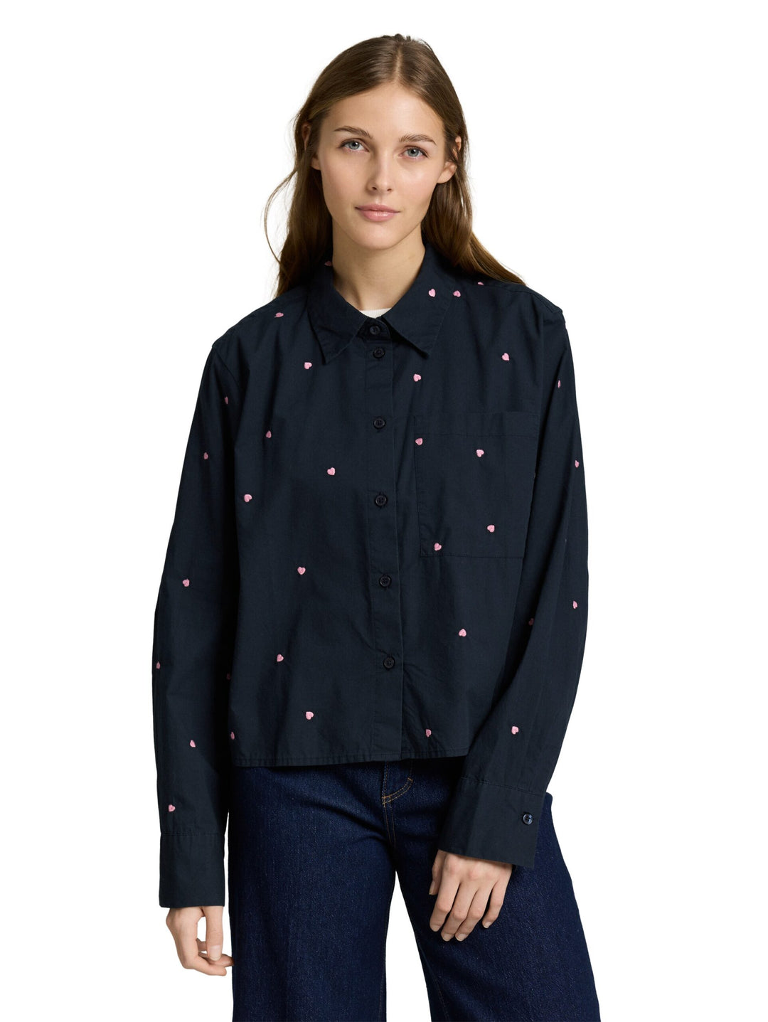 Boxy fit shirt blouse with heart embroidery - Navy