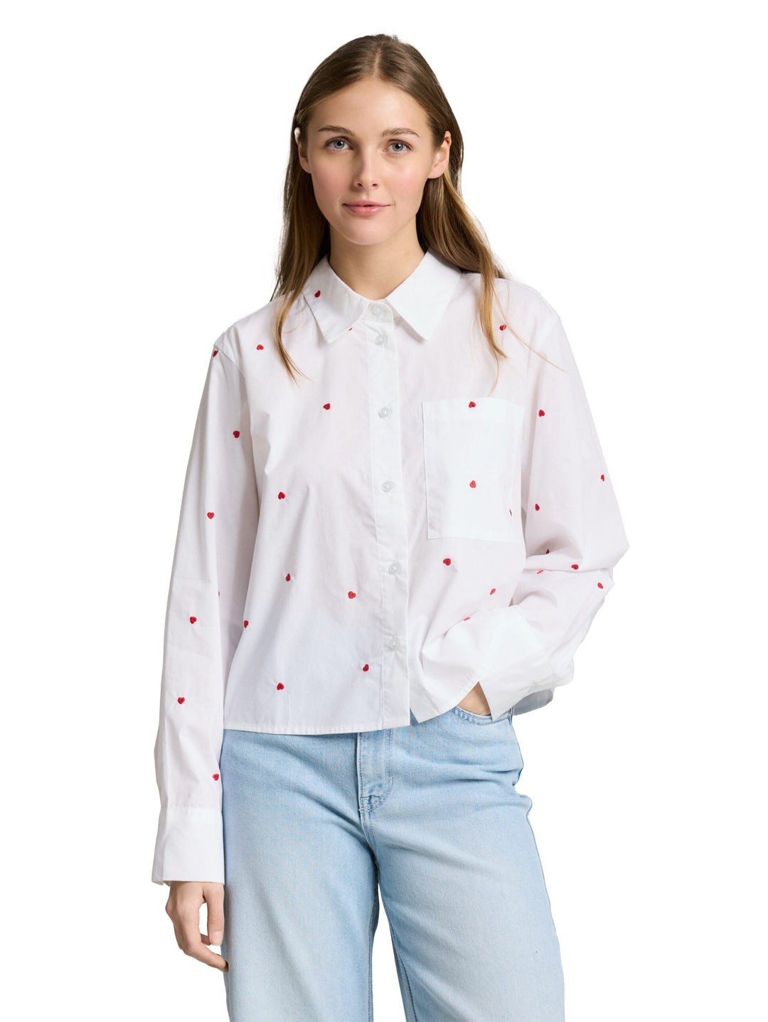 Boxy fit shirt blouse with heart embroidery - White
