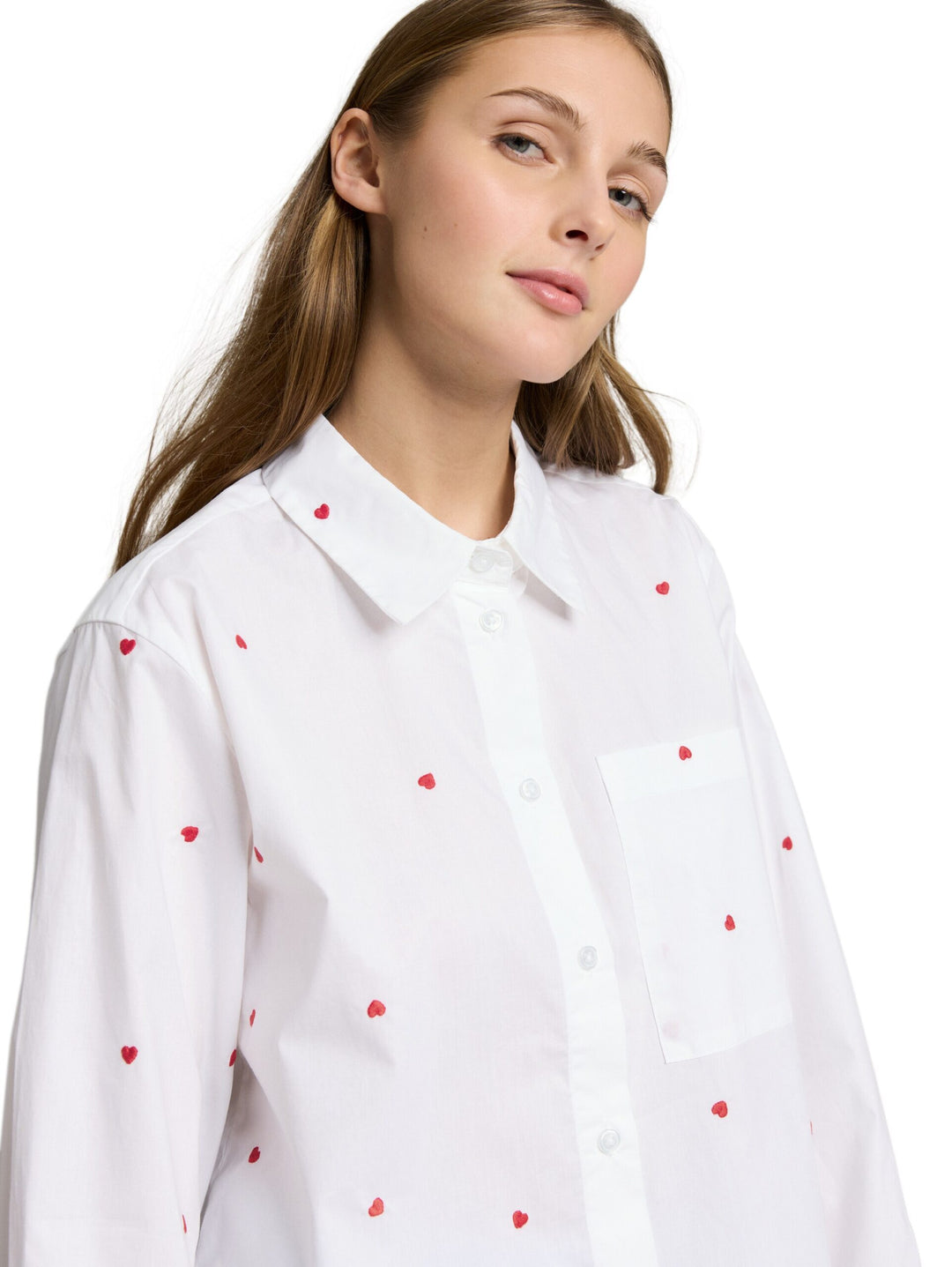 Boxy fit shirt blouse with heart embroidery - White
