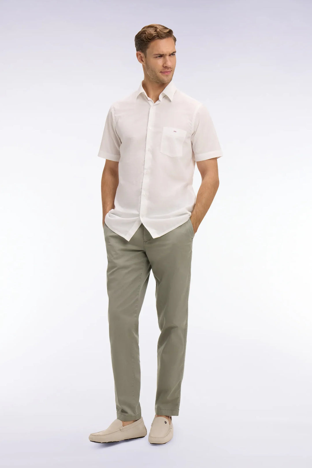 Khaki Cotton and Lyocell Elastic Waist Chino Pants