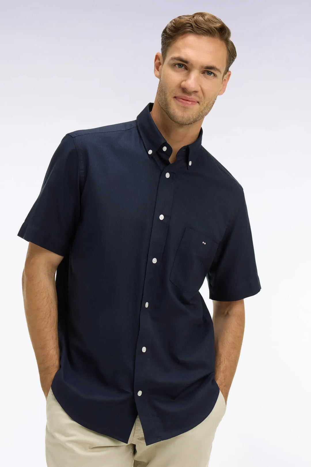 Navy Cotton Piqué Short-Sleeved Shirt
