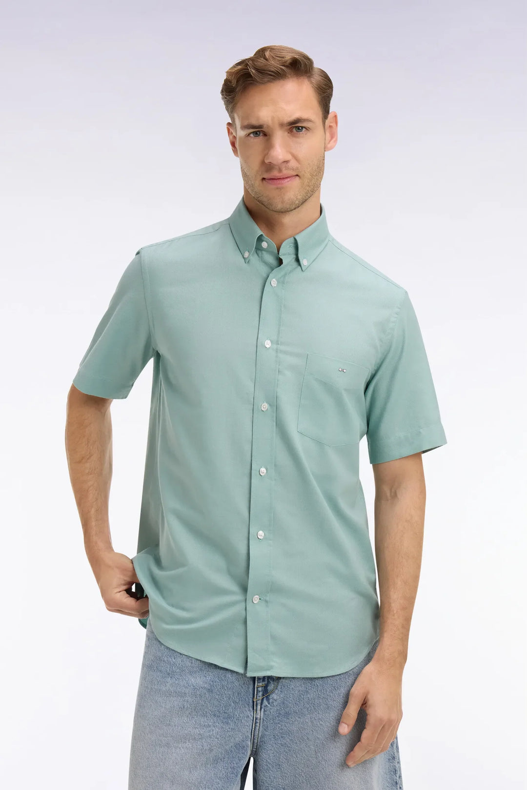 Short-Sleeved Shirt in Sea Green Cotton Pique