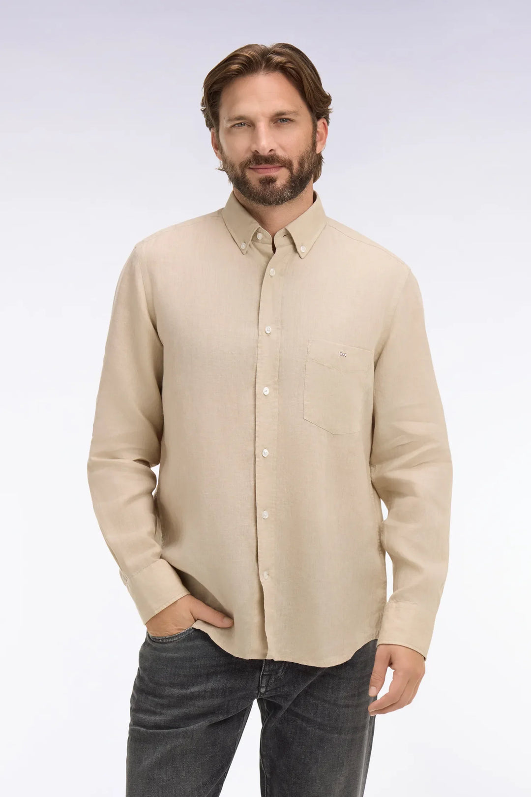 Straight-Cut Beige Linen Shirt