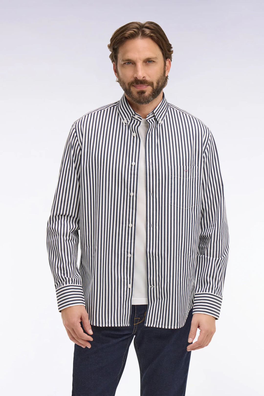 Navy Blue Cotton Shirt with Stick Stripes