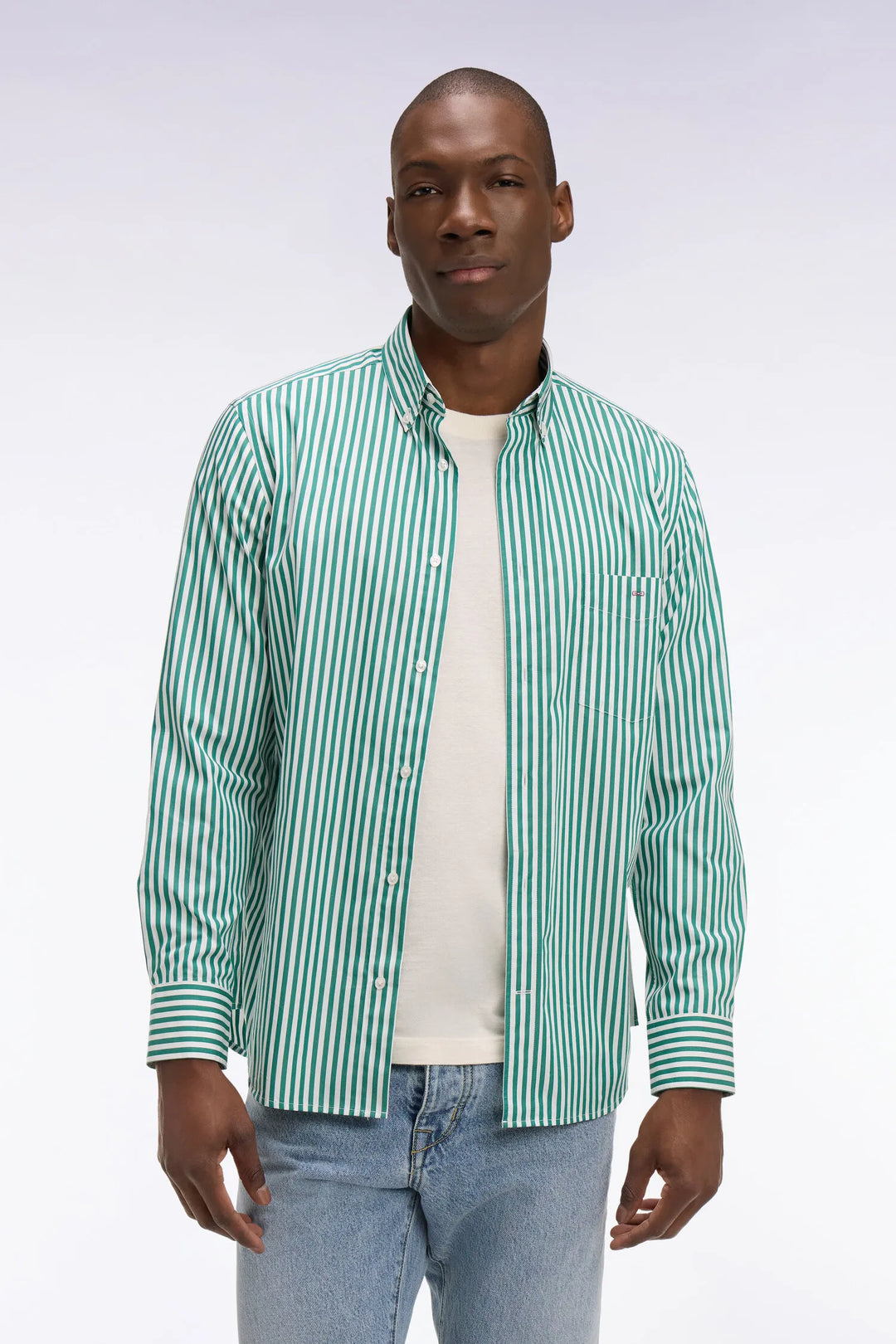 Green Cotton Shirt with Stick Stripes