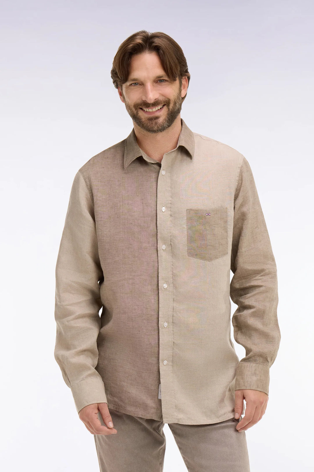 Regular Fit Beige Two-Tone Linen Shirt
