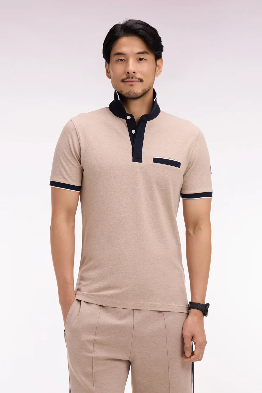 Short-Sleeved Polo Shirt in Beige Stretch Cotton Pique Slim Fit