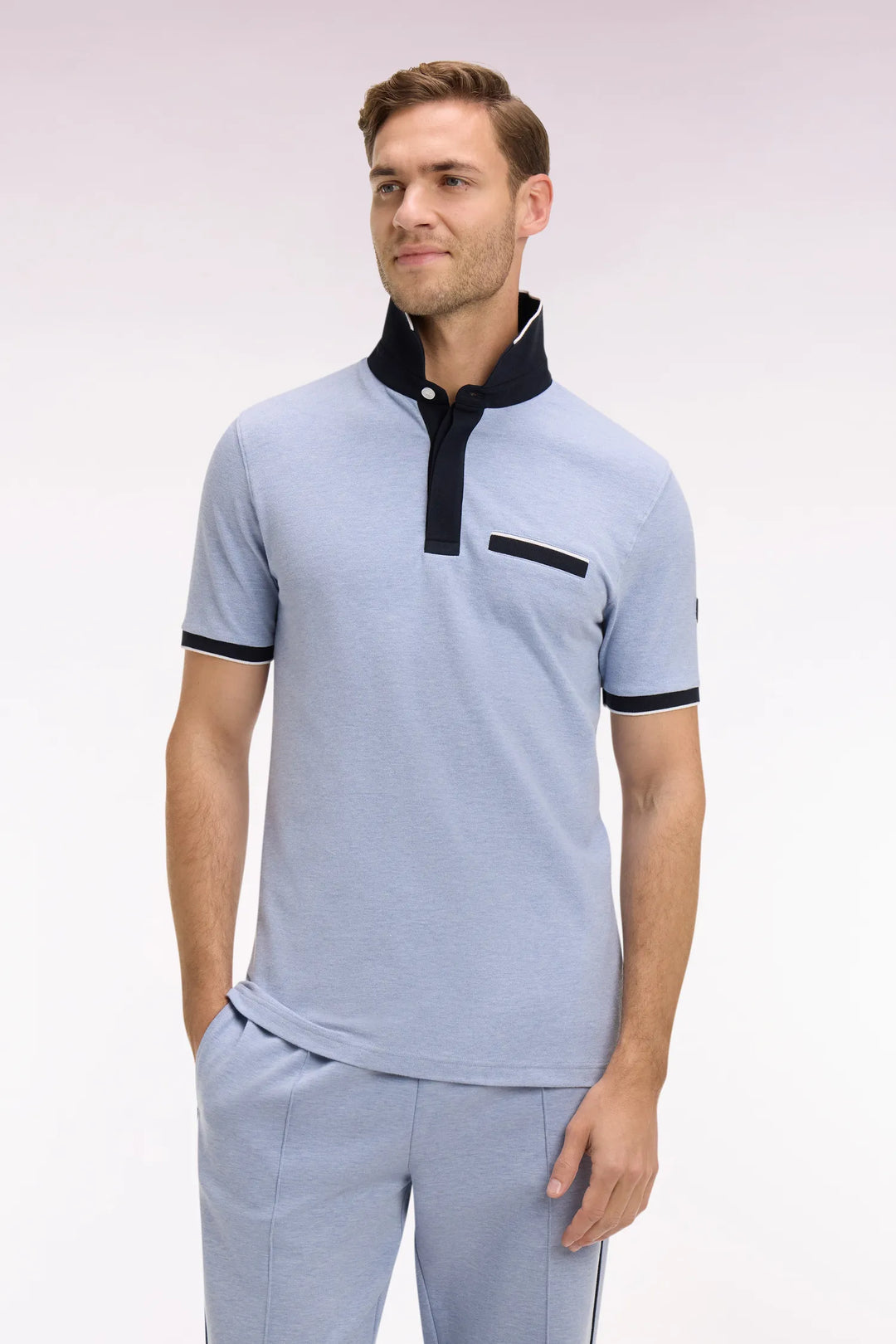 Short-Sleeved Polo Shirt in Sky Stretch Cotton Pique Slim Fit