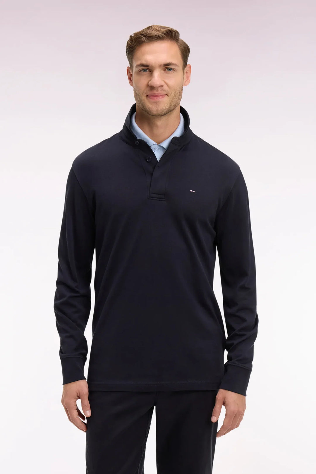 Short-Sleeved Polo Shirt in Navy Stretch Cotton Pique Slim Fit