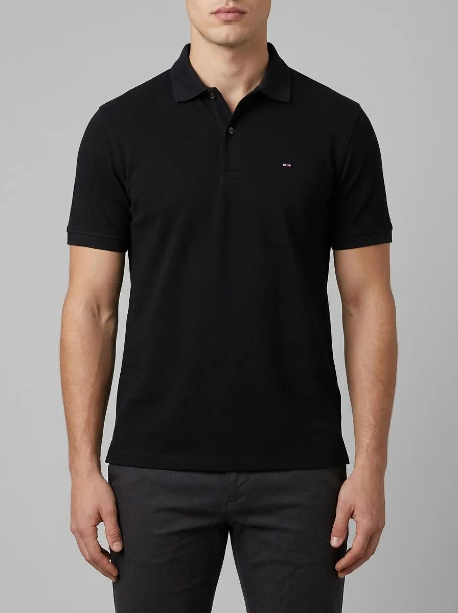 Black Cotton Short-Sleeved Polo Shirt